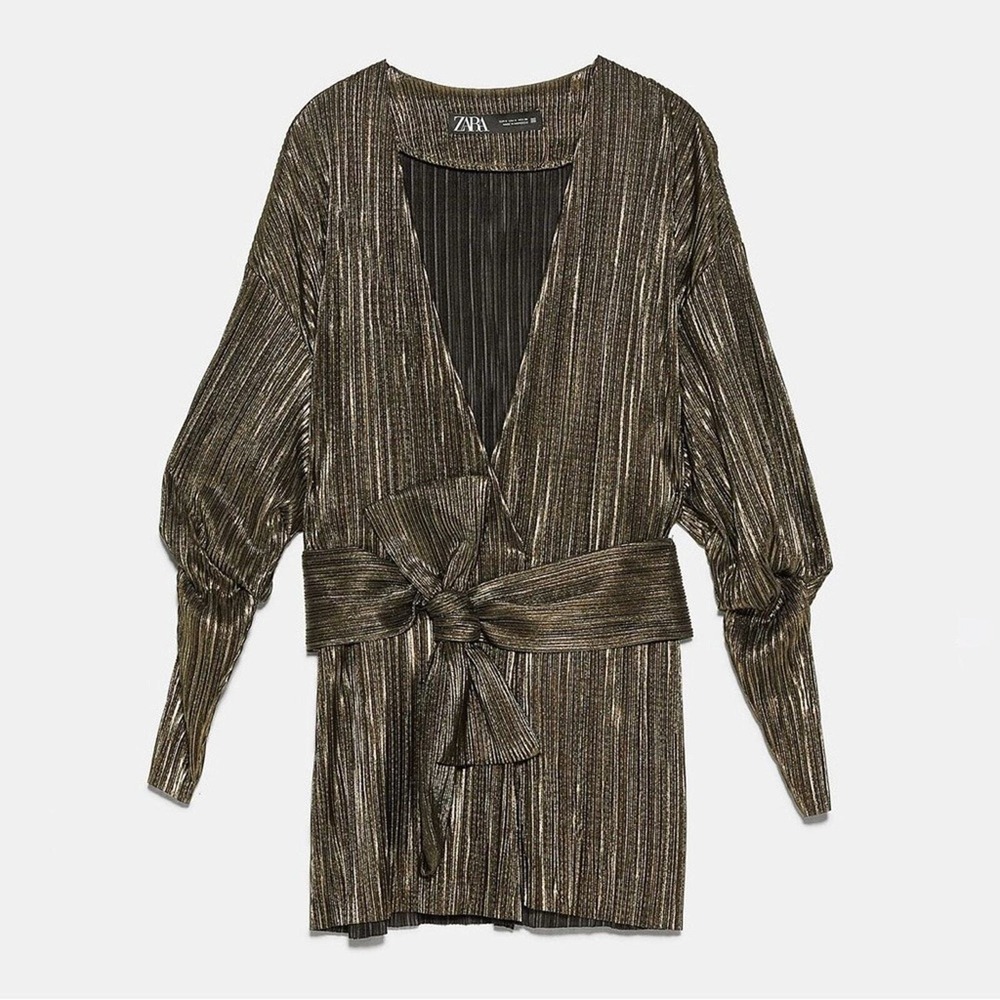 Zara Women's Gold Metallic Effect BlazerPleated Long Sleeve Sizeโ Small